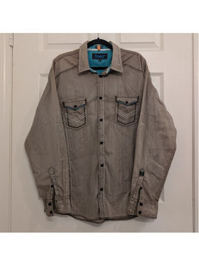 Men's Roar Casual Button Down Shirt XL Taupe Turquoise Accents Western Cowboy